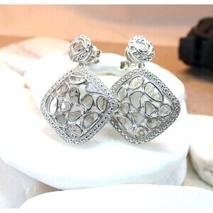 Genuine Rose Cut Diamond Sterling Silver Earrings  1.86CT